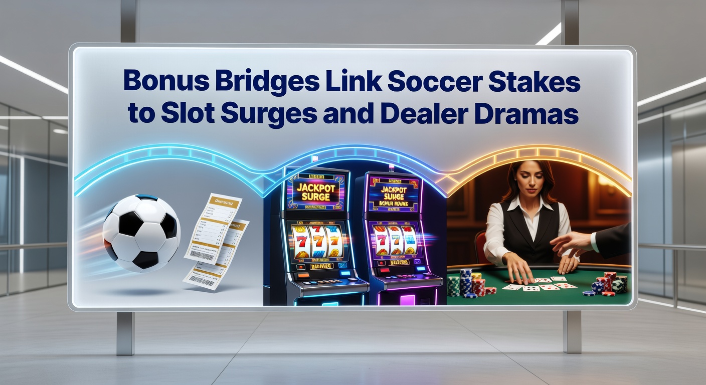 Dynamic graphic showing soccer ball, slot reels, and live dealer table linked by glowing bonus chains, symbolizing cross-game promotions