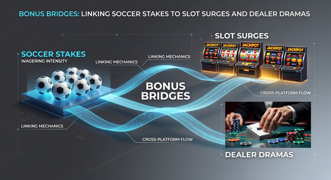Vibrant scene of a soccer pitch merging into spinning slot reels and a bustling live dealer blackjack table, with bonus icons flowing between them