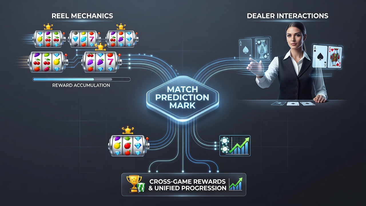 Illustration of live dealer table integrated with cross-game reward notifications