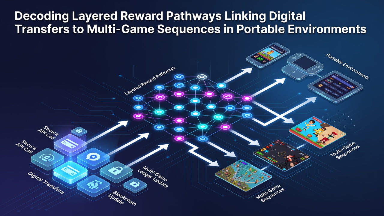 Visual representation of layered reward pathways connecting mobile payments to sequences of gameplay across portable devices