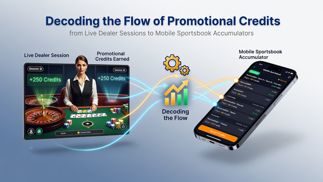 Mobile app interface displaying live dealer credits transferring to a sports accumulator bet slip