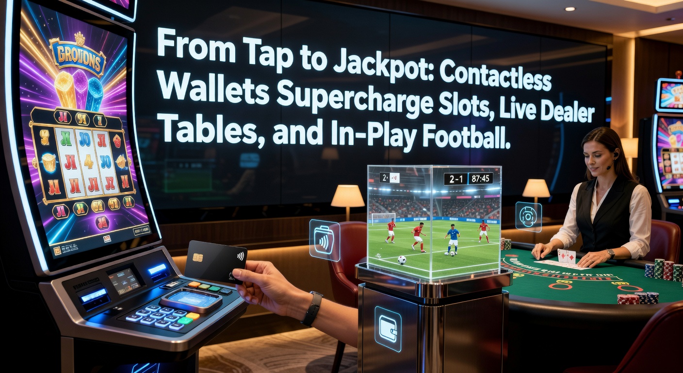Dynamic scene of a contactless wallet transaction leading to a slot machine jackpot win on a mobile screen amid live dealer and soccer betting overlays