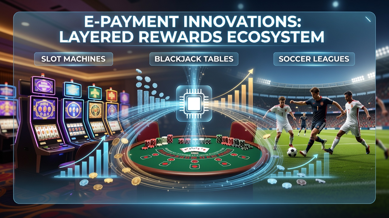 E-payment systems connecting slot machines, blackjack tables, and soccer betting platforms through digital rewards tracking