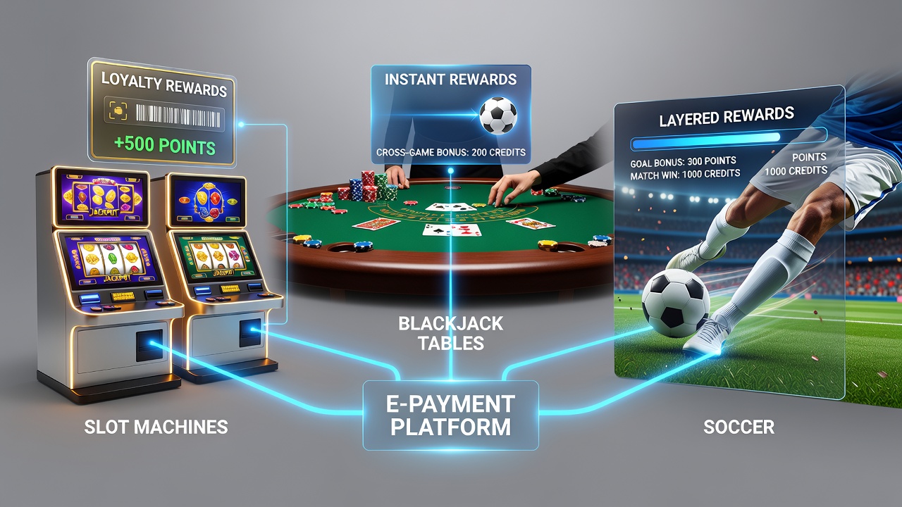 Mobile wallet interface showing reward points transferring between casino games and soccer betting options