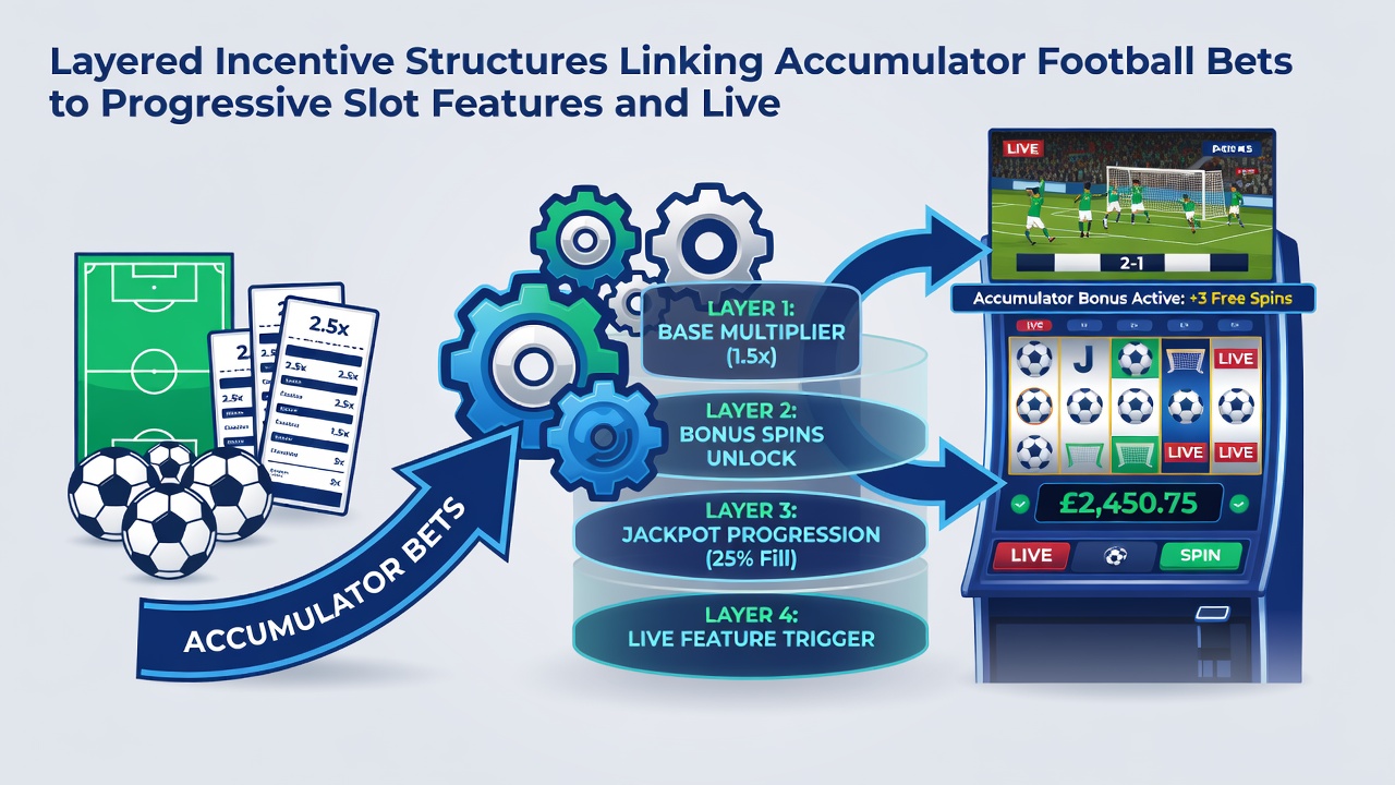 Illustration of tiered reward pathways connecting accumulator football bets to slot progressives and adjusted blackjack payouts