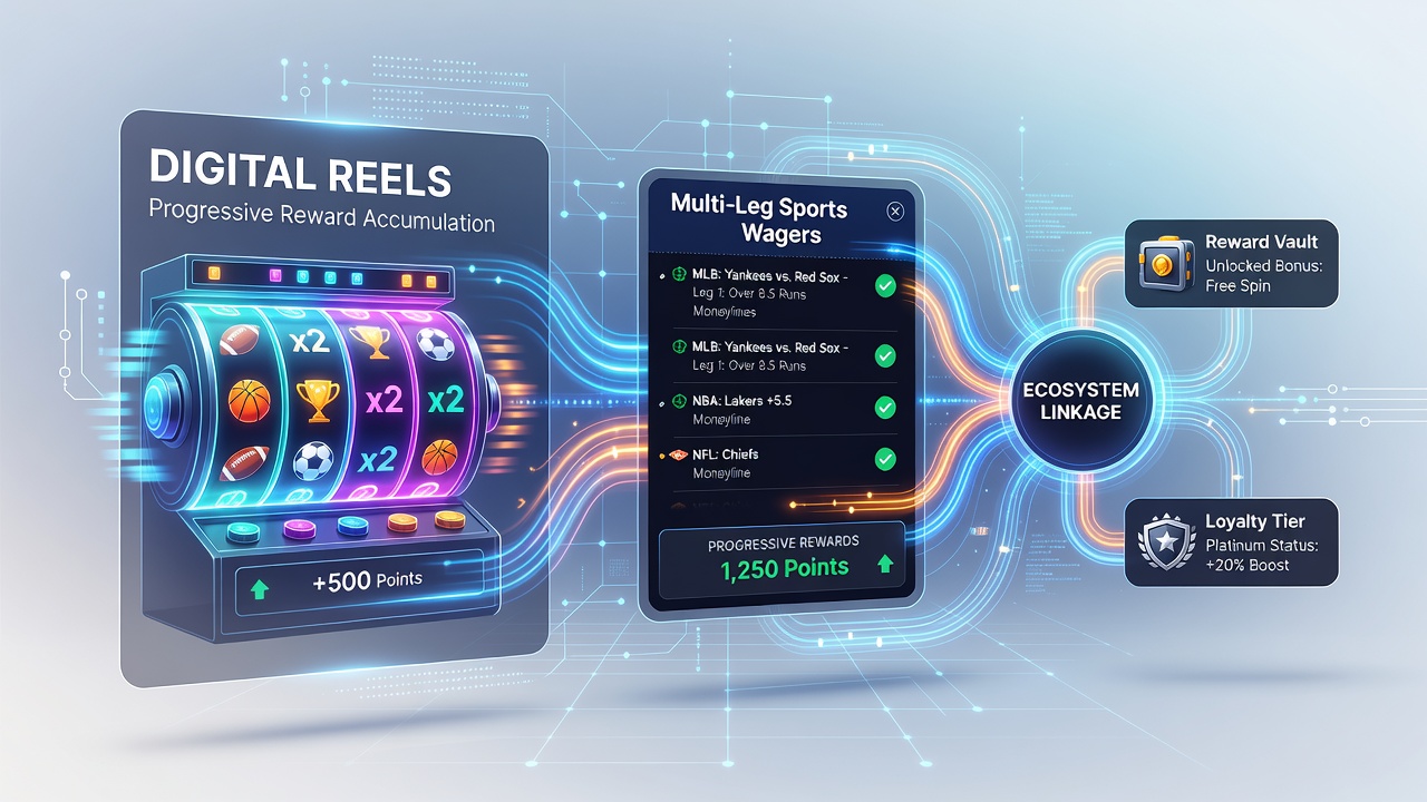 Screenshot of progressive reward dashboard connecting slot bonuses to sports accumulator progress in a mobile app