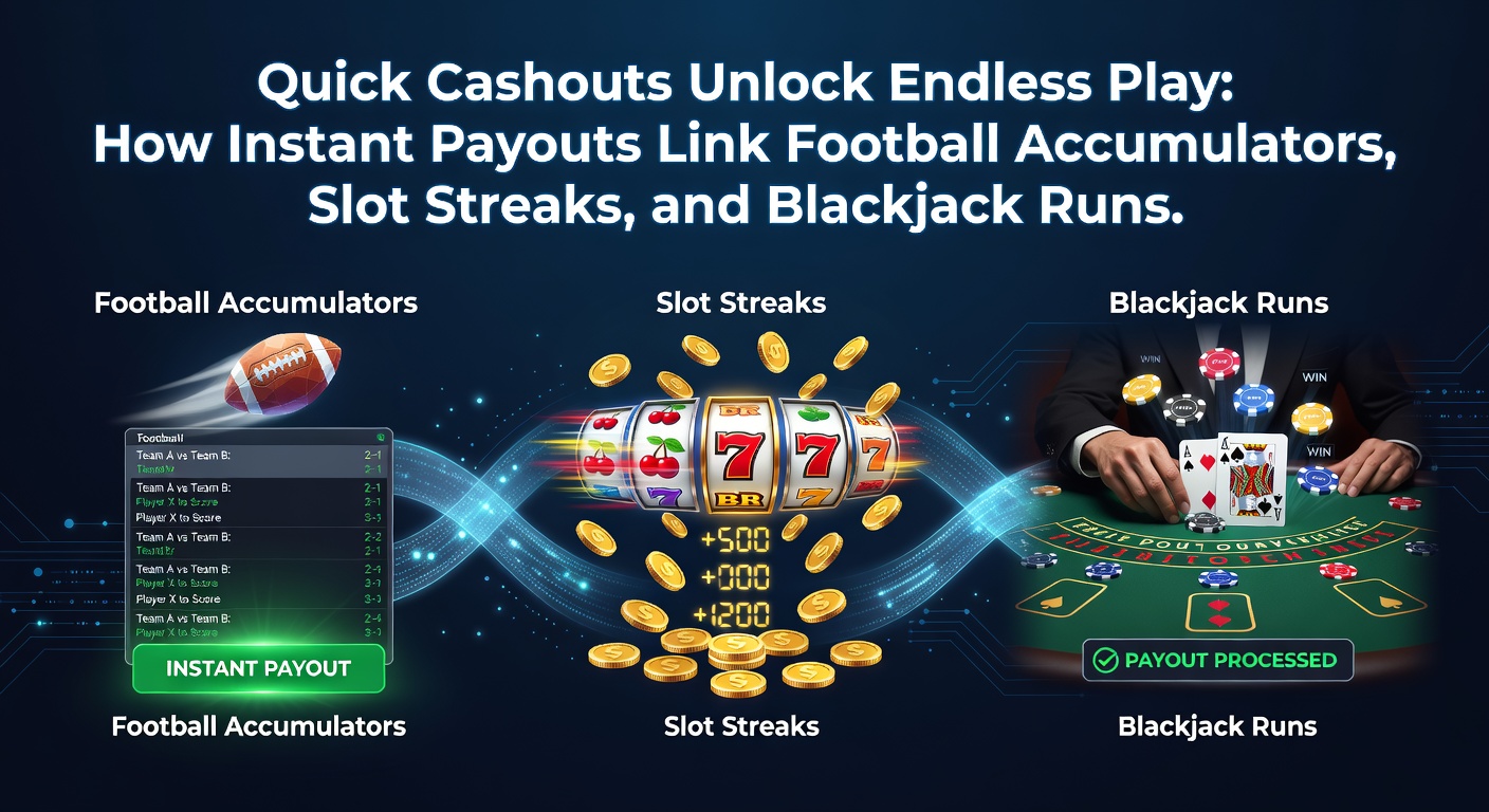 Digital screen showing a successful instant withdrawal confirmation alongside icons for soccer matches, slot reels, and blackjack cards, highlighting seamless gaming transitions