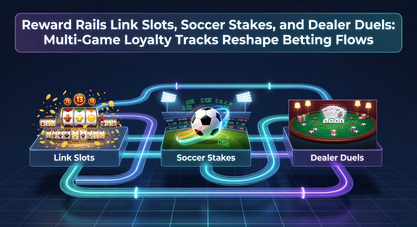 Visual representation of interconnected loyalty tracks weaving through slot reels, soccer pitches, and live dealer tables, symbolizing unified player rewards