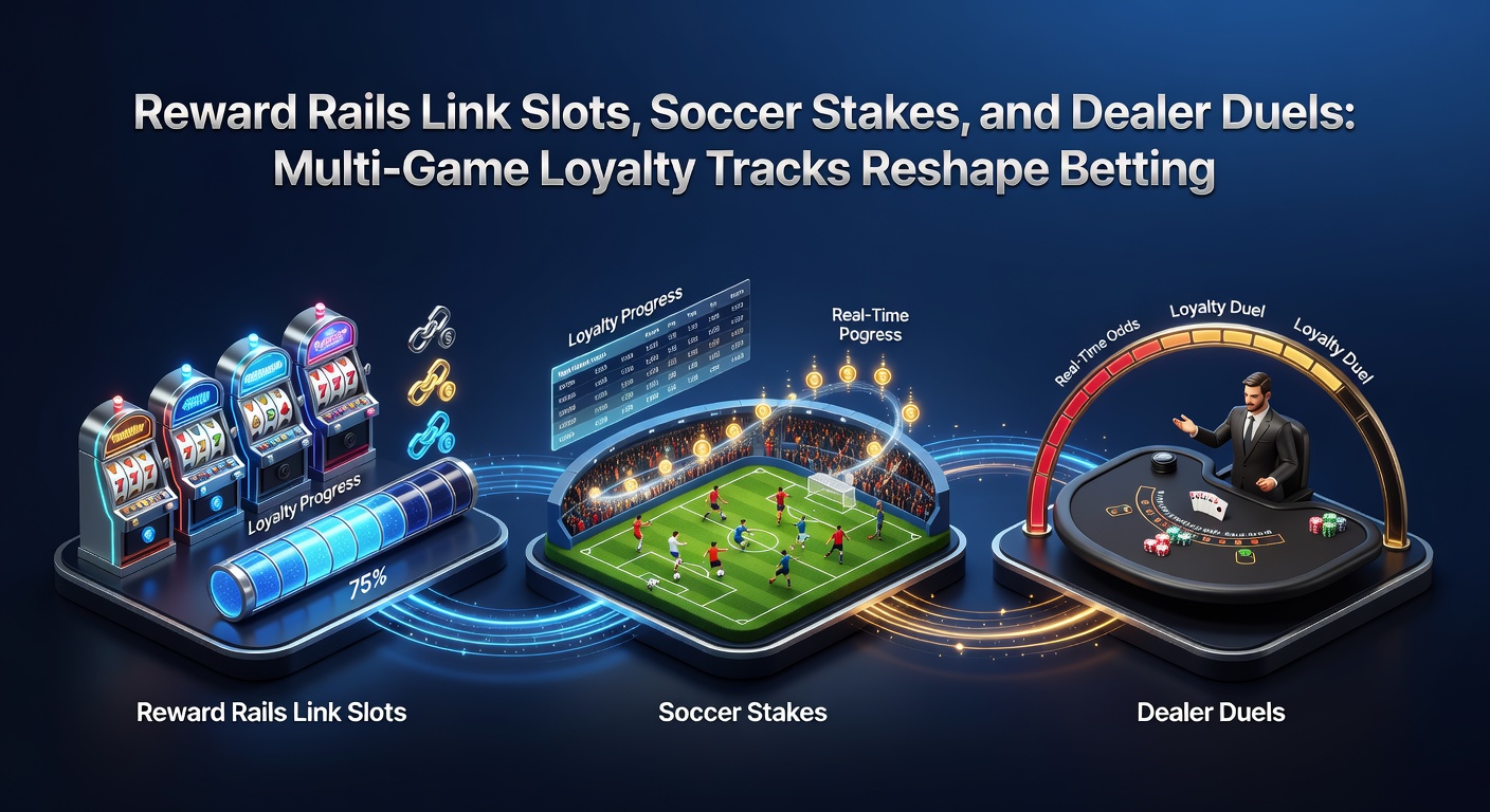 Dynamic graphic of reward rails branching from slot machines to soccer fields and dealer showdowns, illustrating cross-game progression and betting flow shifts
