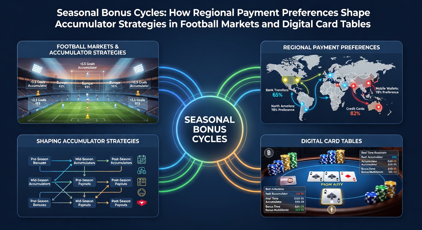 Illustration of seasonal bonus cycles showing payment methods influencing football accumulators and digital card table strategies across regions