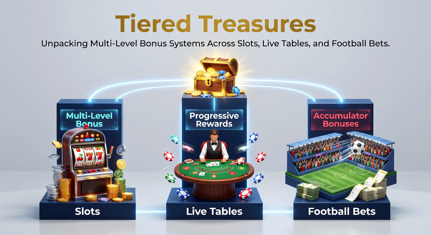 Vibrant display of tiered bonus levels in online slots, showing escalating rewards from bronze to diamond status with slot reels and treasure chests in the background