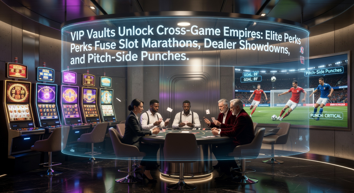 Digital vault unlocking glowing perks across slots, live dealer tables, and soccer pitches, symbolizing elite cross-game rewards