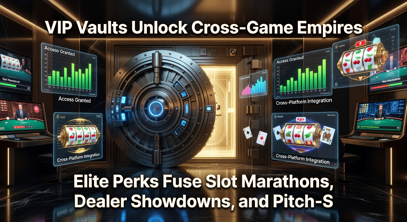 Elite gamer accessing VIP vault on multi-screen setup, displaying slot reels, dealer streams, and soccer odds overlays